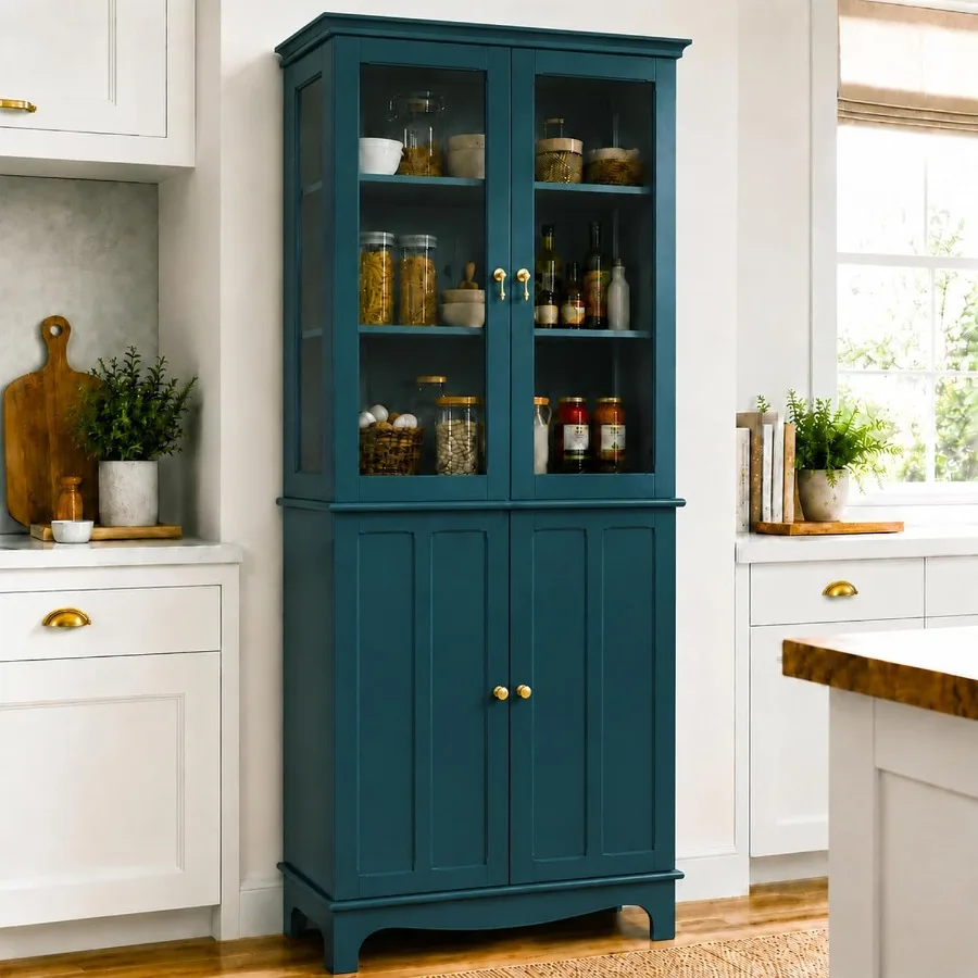 Kitchen - 72：ダイニングルームやリビングルームに最適な、ダークティールカラーの独立型キッチンパントリー。強化ガラス製の扉と高さ調節機能付き。