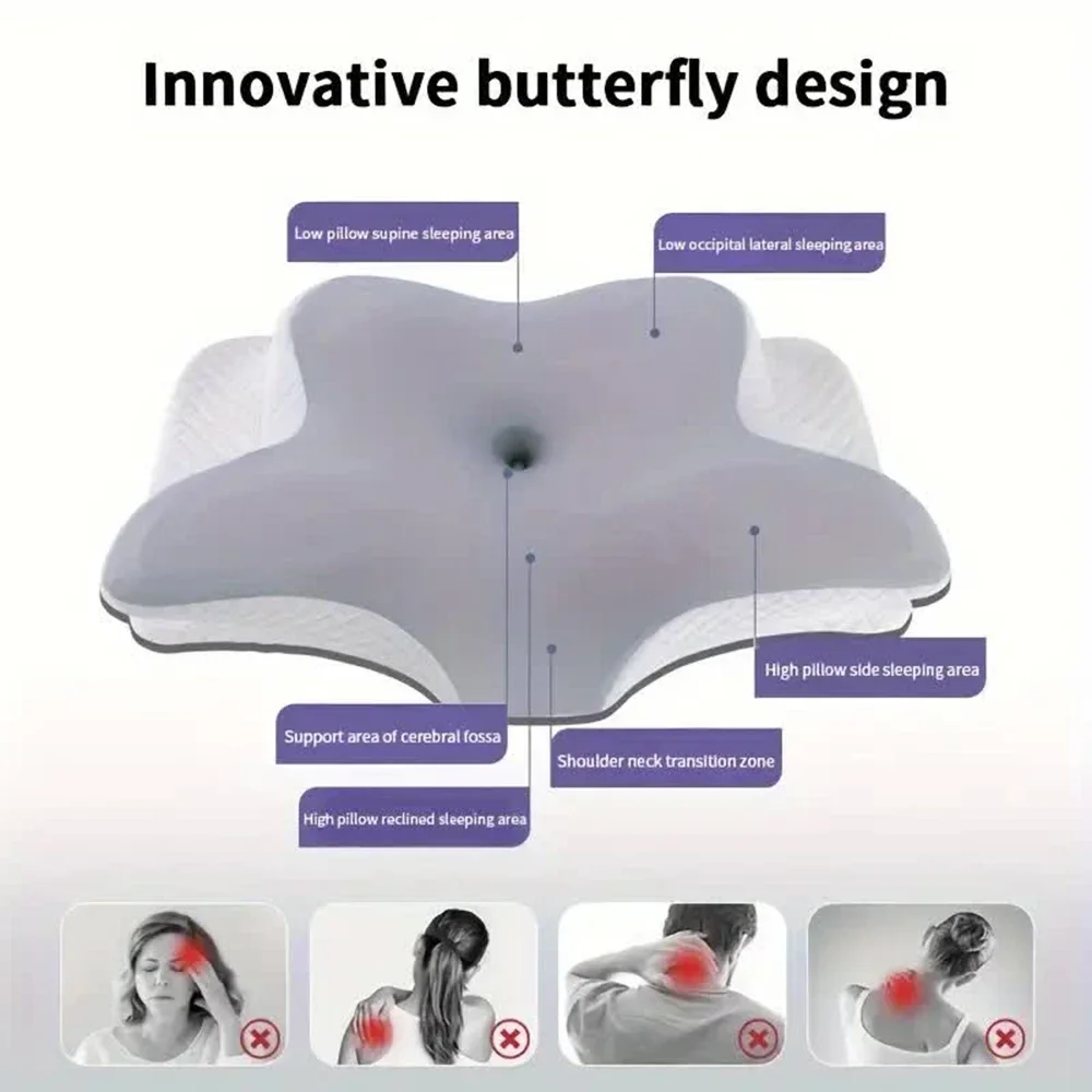 Memory Foam Orthopedic Pillow Neck Pain - メモリーフォームを使用した蝶型の枕。首を支え、ゆっくりと元の形に戻るため、首の痛みを和らげ、快適な睡眠を促します。整形外科用枕としても最適です。