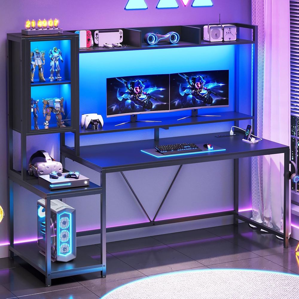 Storage & Organization - 60インチゲーミングデスク（収納、ハッチ、ディスプレイキャビネット、LEDライト付き） | モニタースタンド付きコンピューターデスク、大型PCゲーマー向けワークステーション