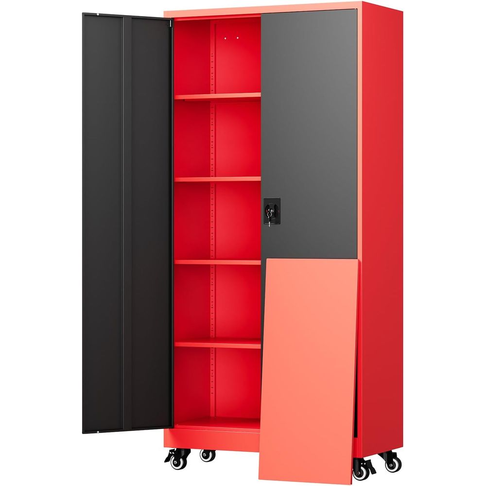 Storage & Organization - 金属製ガレージ収納キャビネット（ロック付きドアと調整可能な棚付き）、75インチの移動式スチールツールキャビネット、または家庭、オフィス、ガレージ、倉庫用