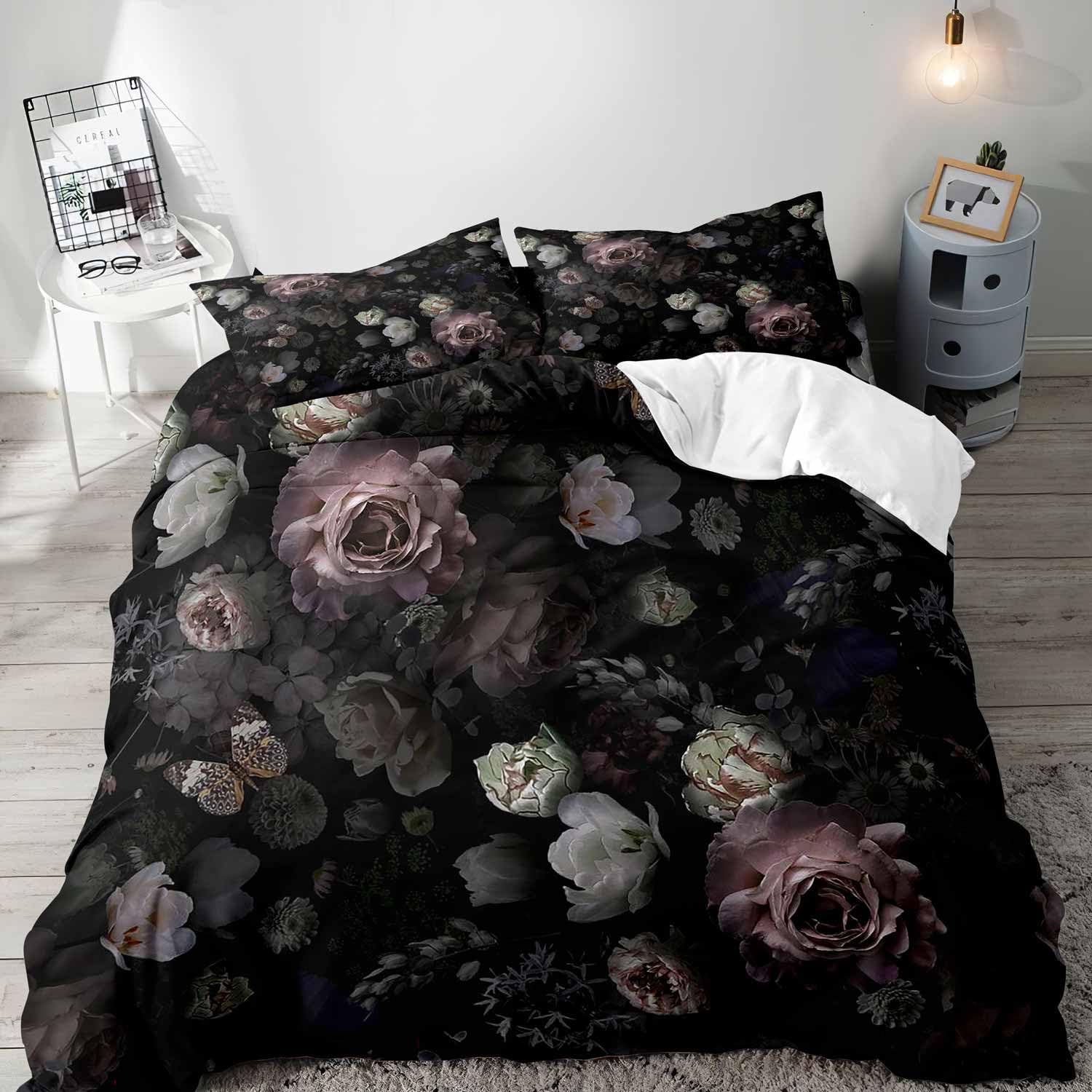 ブラックフローラル布団カバークイーン寝具セット、ゴシック寝具 - Aesthetic Floral Duvet Cover のレビューと価格
