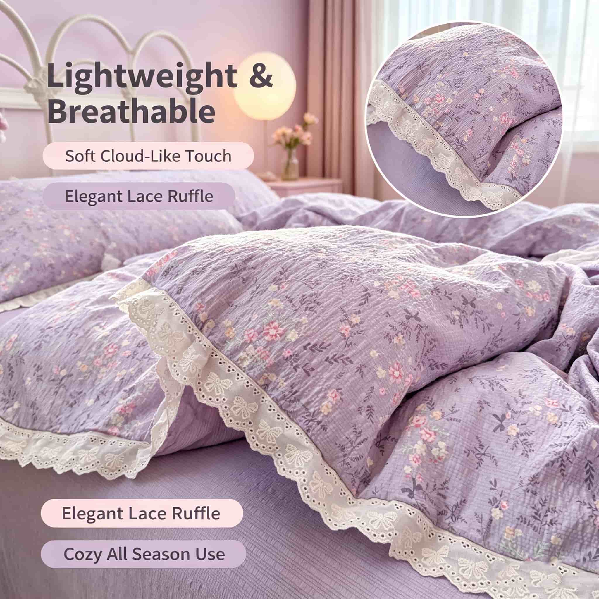 美しいデザインのコテージコア風ベッドリネンセット。紫色の花柄 - Aesthetic Floral Duvet Cover のレビューと価格