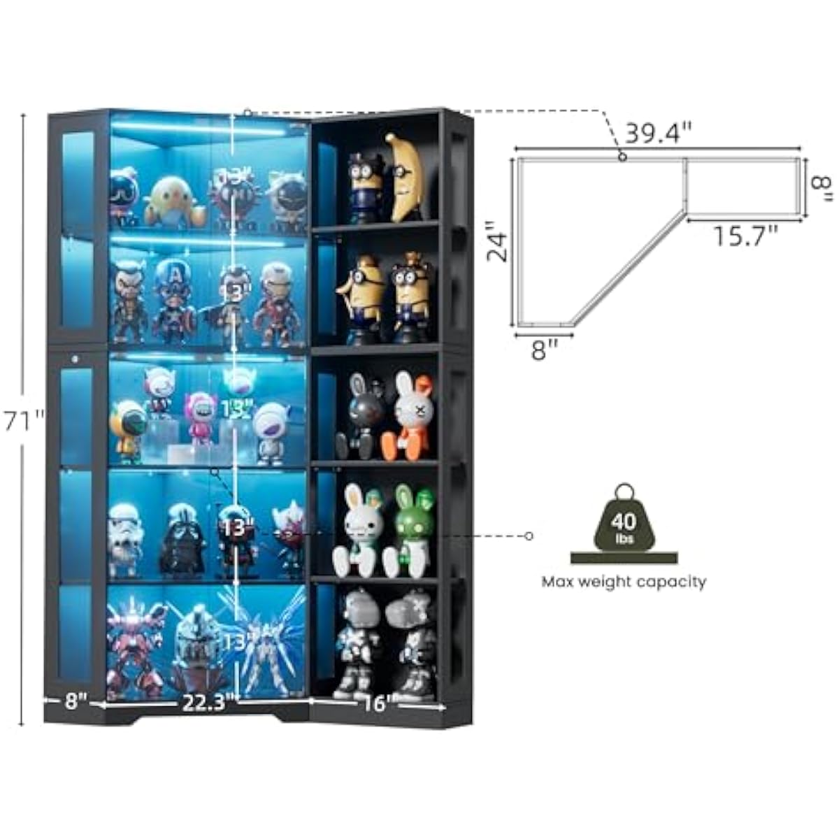 強化ガラス扉付きディスプレイキャビネット、調整可能な棚を備え - Lighting のレビューと価格