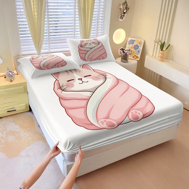 可愛い猫柄フィットシーツセット、居心地の良い眠れる猫ちゃんが - Fitted Bed Sheets Deep Pocket のレビューと価格